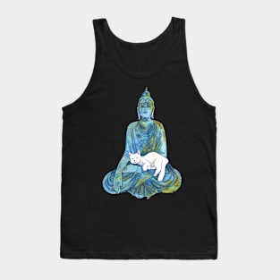 Blue Watercolor Buddha Statue with Sleeping White Cat Tank Top